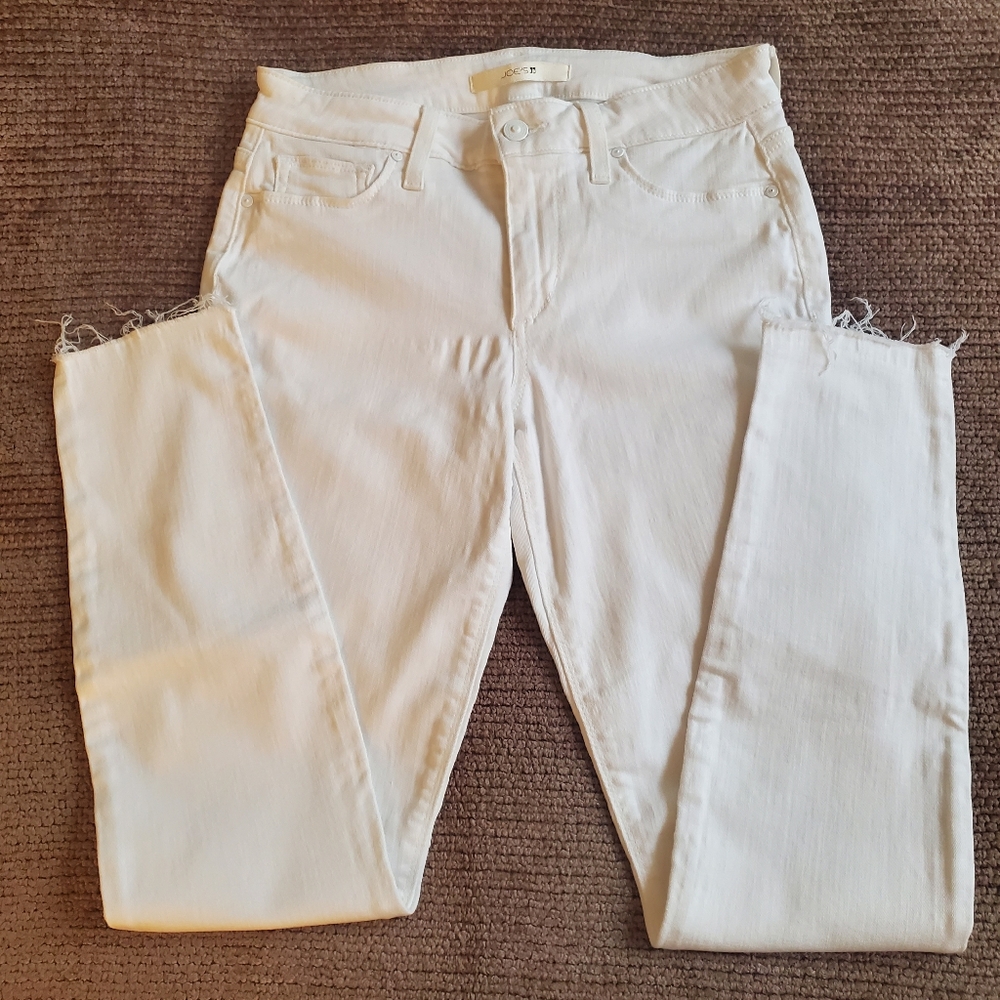 Joe's White Denim Distressed Hem Skinny Ankle Jeans
